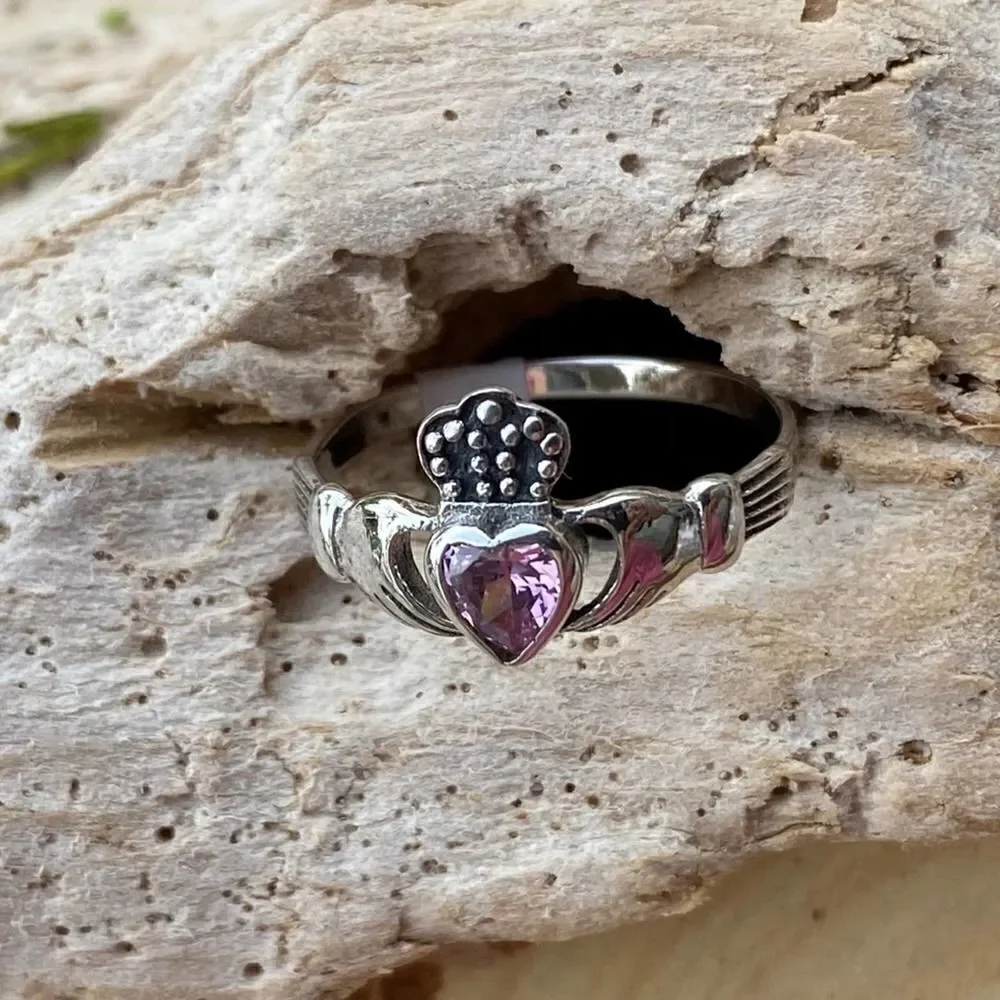 Sterling Silver Claddagh Pink Ice Cz Ring Size 8,9